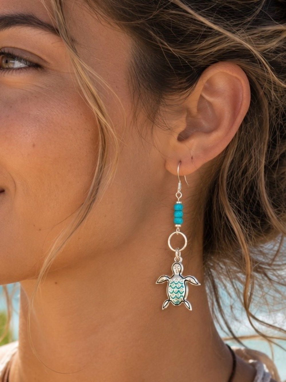 Hand Crafted Turquoise Blue Sea Turtle Dangle Earrings